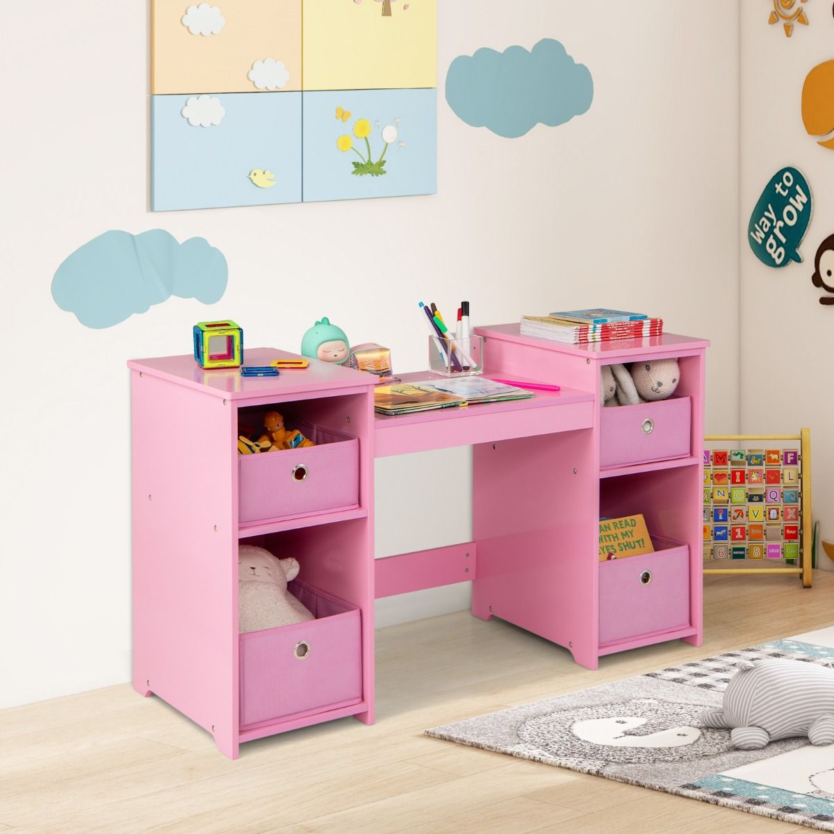 Coast Kinderkaptafel en Schrijftafel - Afneembare Driewegspiegel - Met Opbergbakken - Roze