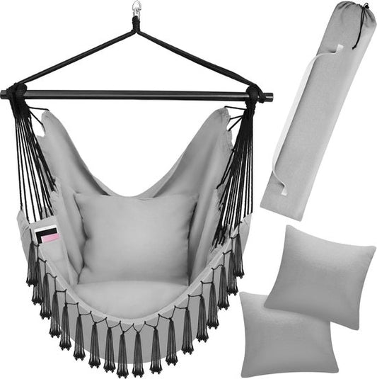 tectake® Hangstoel voor binnen of buiten - Weerbestendig - Met tabletvak en bekerhouder - Macramé schommel voor balkon en tuin - Hangende schommel belastbaar tot 150 kg - Grijs
