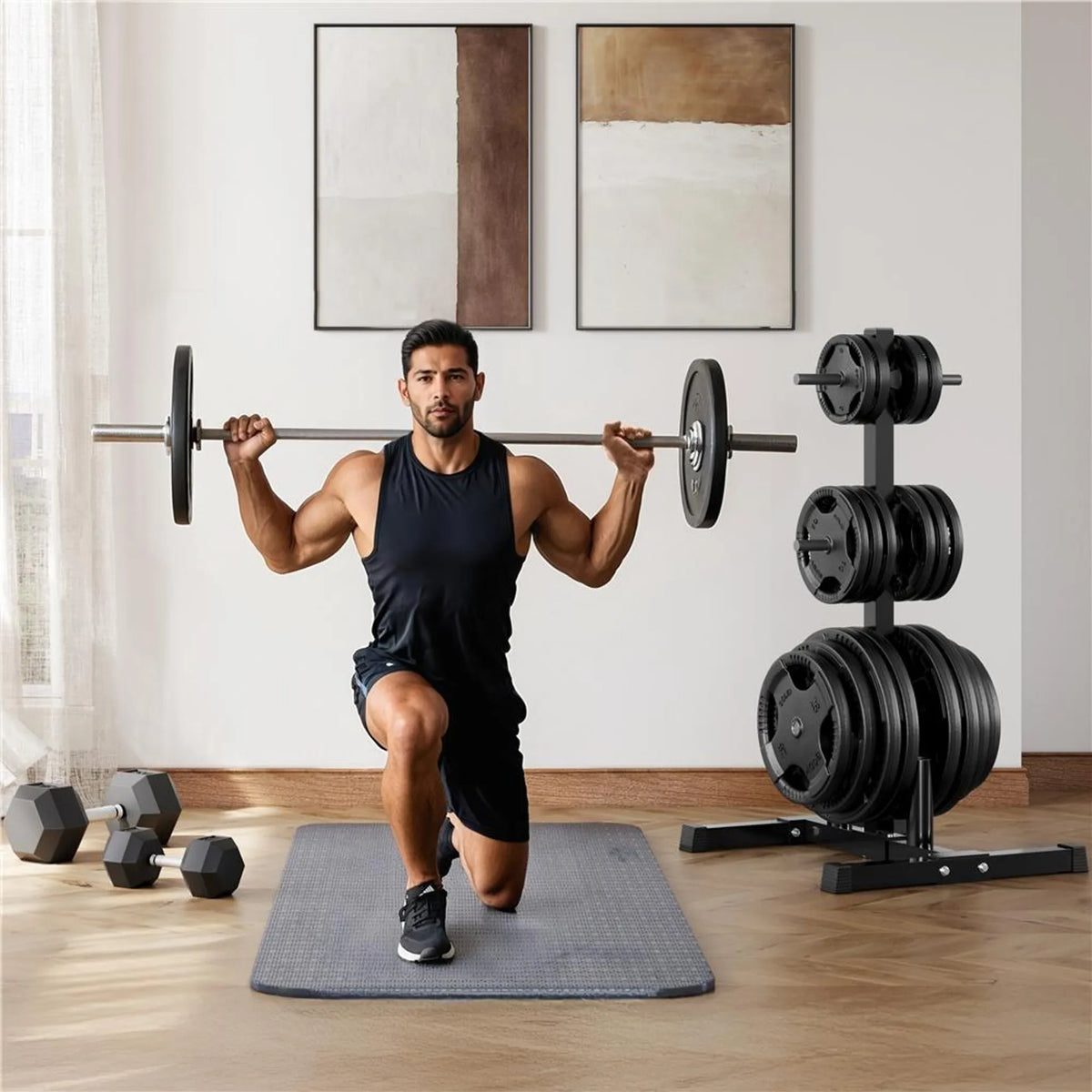 Yaheetech Halterrek Voor Gewichtsschijven – Voorzien Van 6 Schijfhouders En 2 Halterstanghouders En Plastic Beschermvoetjes – Voor Home Gym – Zwart Poedergecoat Metaal – 68,5 x 61 x 113 cm