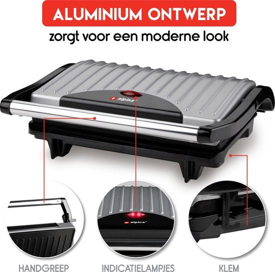 alpina Contactgrill - Tosti Apparaat - Anti-Aanbaklaag - 700W - RVS/Zwart