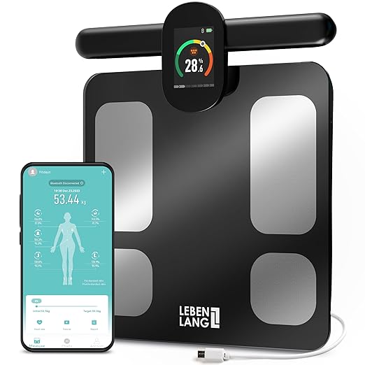 LEBENLANG - Fitness Lichaamsvetweegschaal met Handsensoren – 29 Meetwaarden, App Connect, 180 kg Draagvermogen - Weegschaal met Lichaamsvetanalyse & Spiermassa - Oplaadbaar & Met LED Display