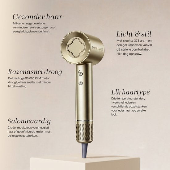 Sansbeauté® Föhn met Diffuser - Krullen - 110.000RPM - Ionische Haardroger met Borstel - 3 Standen - 3 Opzetstukken - Reisföhn - Sèche Cheveux - Krul Feun Set - Haarföhn met Defuser - Hair Blow Dryer - Kappersfohn - 2000W