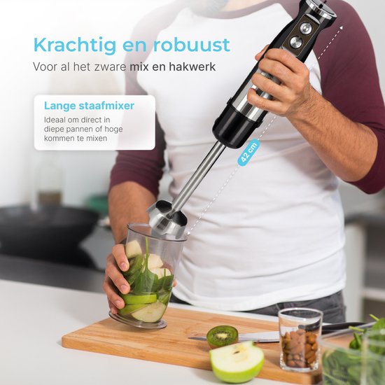 Goodforce 7 delige Staafmixer set – Inclusief Hakmolen, garde, melkopschuimer, klopper & Maatbeker – krachtig & vaatwasserbestendig – 12 snelheden + turbofunctie – 1000W – PFAS-vrij