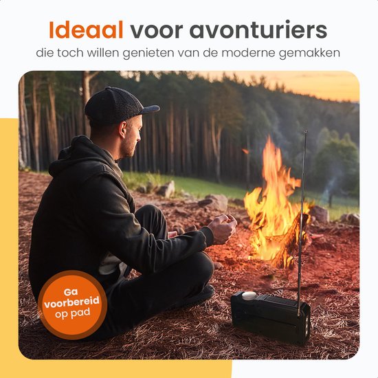 Goliving Noodradio - 17 x 9 x 4 cm - Draagbare Radio - Powerbank Zonneenergie Solar Opwindbaar - Zaklamp Oplaadbaar - Digitale Wekker - Bluetooth - 10000 mAH - 80 dB - Zwart