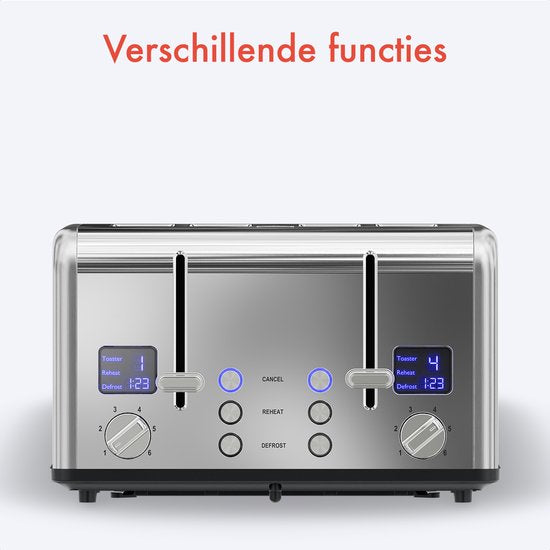 KitchenBrothers Broodrooster - Toaster - 6 Warmteniveaus - 4 Extra Brede Sleuven - 1630W - RVS/Zilver