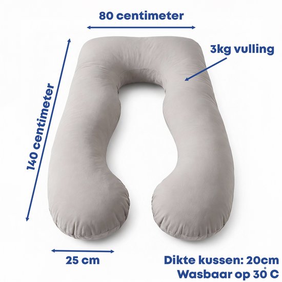 Earkings zwangerschapskussen hoes - 140 x 80 cm - U-vorm - lichtgrijs - wasbaar
