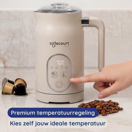 Safecourt kitchen Elektrische Melkopschuimer – 100% PFAS-vrij – Display & Temperatuurregeling – 4-in-1 – 350ml – Beige