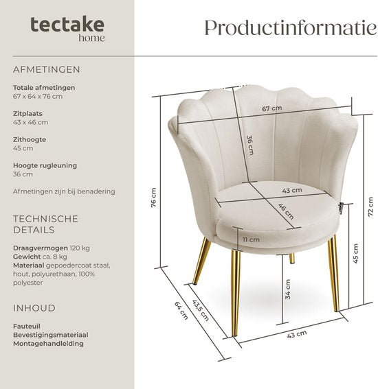 tectake® Fauteuil Stella - Kuipstoel met armleuning – Comfortabele Eetkamerstoel – Keukenstoel – Dikke vulling – Voor woonkamer en eetkamer – Met fluwelen bekleding - crème/goud