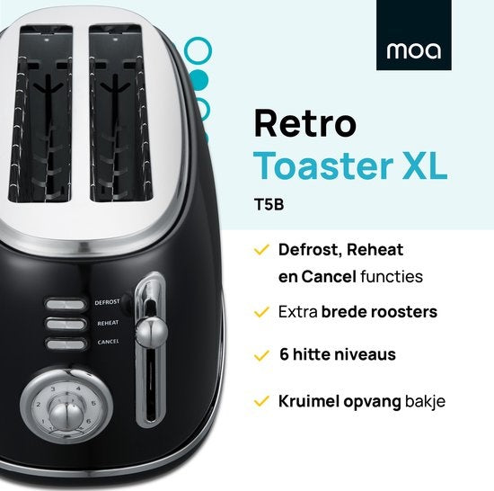 MOA Retro Broodrooster XL - 6 Warmteniveaus - 4 broodjes tegelijkertijd - 1500W - Reheat en Ontdooi-functie - Zwart - T5B
