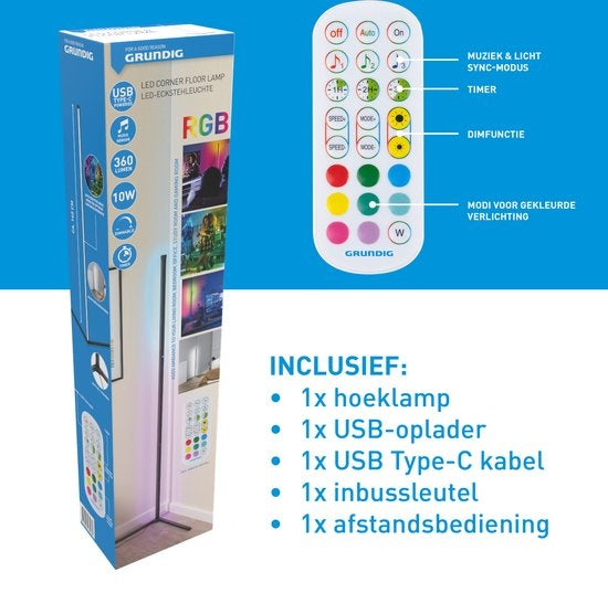 Grundig LED Staande Lamp - Vloerlamp 140cm - Dimbaar RGBW en Wit Licht - Incl. Afstandsbediening en Muziek Sensor