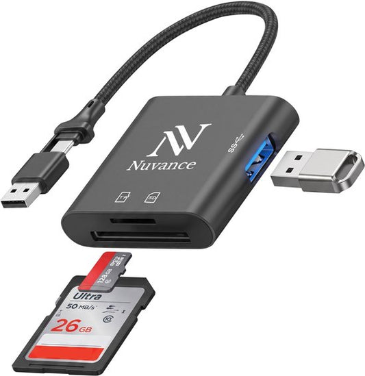 Nuvance SD Kaart Lezer - SD Card Reader - 3 in 1 - SD Kaartlezer - USB C & USB A - Micro SD Kaart Lezer - TF kaart