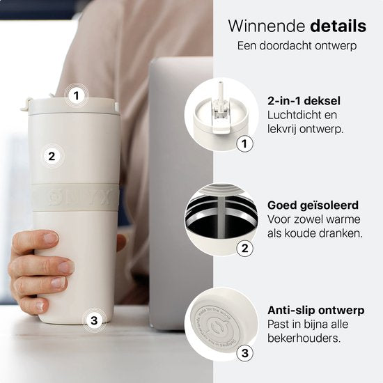 ONYX Drinkfles met Rietje 700ML - Waterfles voor Kinderen & Volwassenen - Thermosbeker RVS Travel Mug - Motiverende Drinkbus - Drinkbeker voor School - Coco White