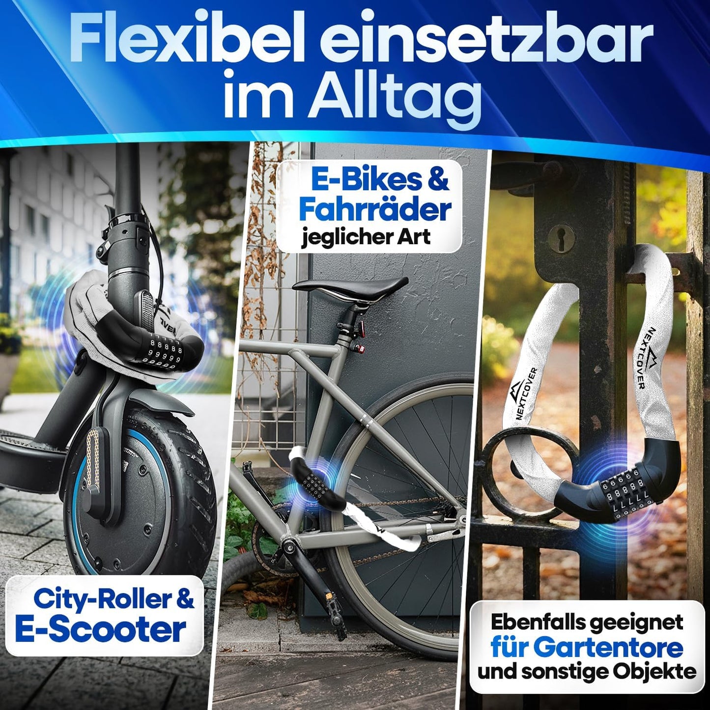 NEXTCOVER® Fietsslot LockOne met combinatiecode I - [SAFESECURE] cijferslot - Zeer Robuust - 90 cm Lang - Reflecterend