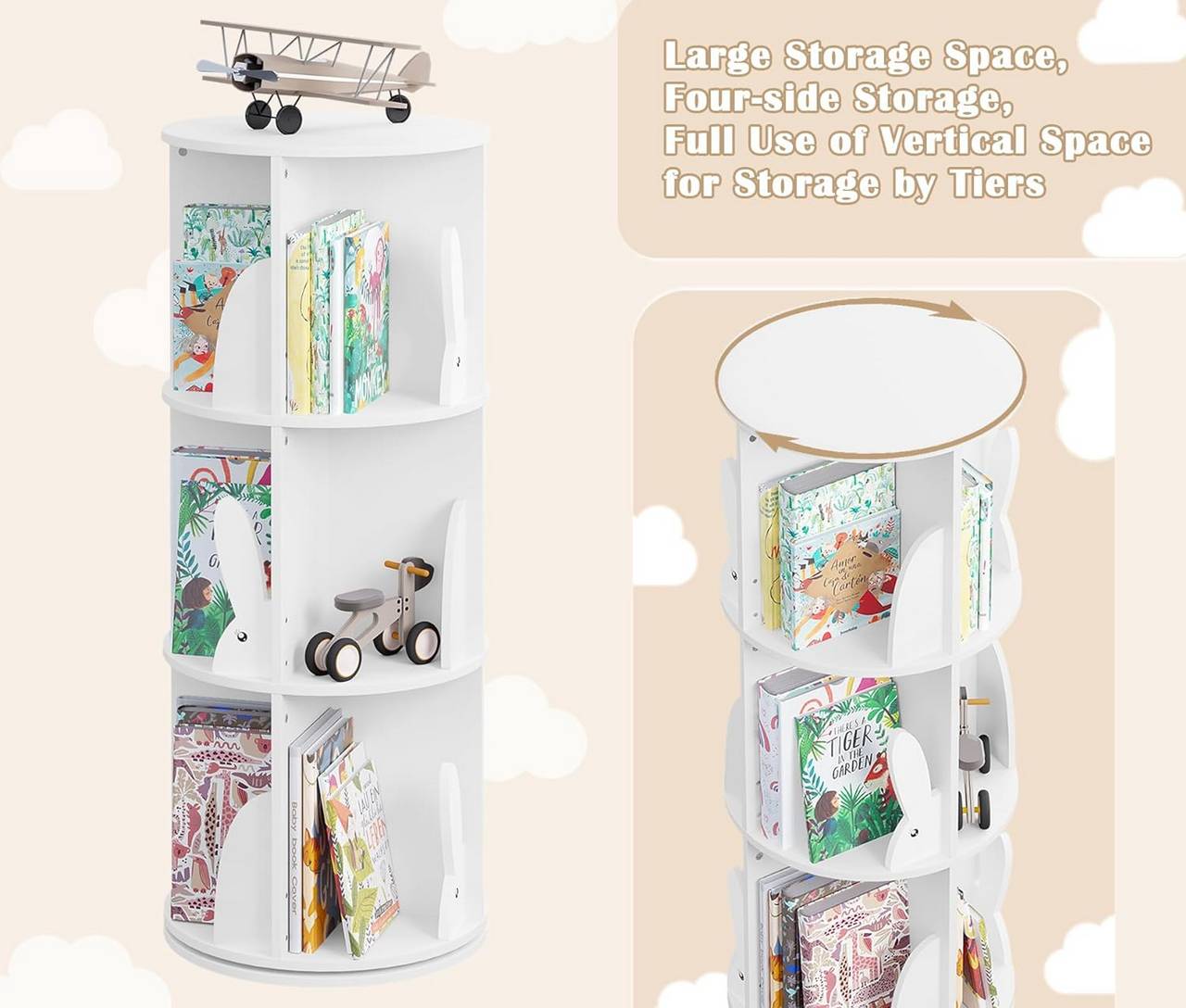 Woltu Kinderboekenkast - Draaibaar - 3 Niveaus - 40 x 97 cm - 30 kg - Wit