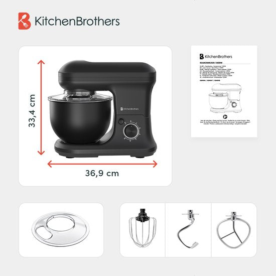 KitchenBrothers Keukenrobot - 5L - Mixer met Mengkom - 1200W - Matzwart