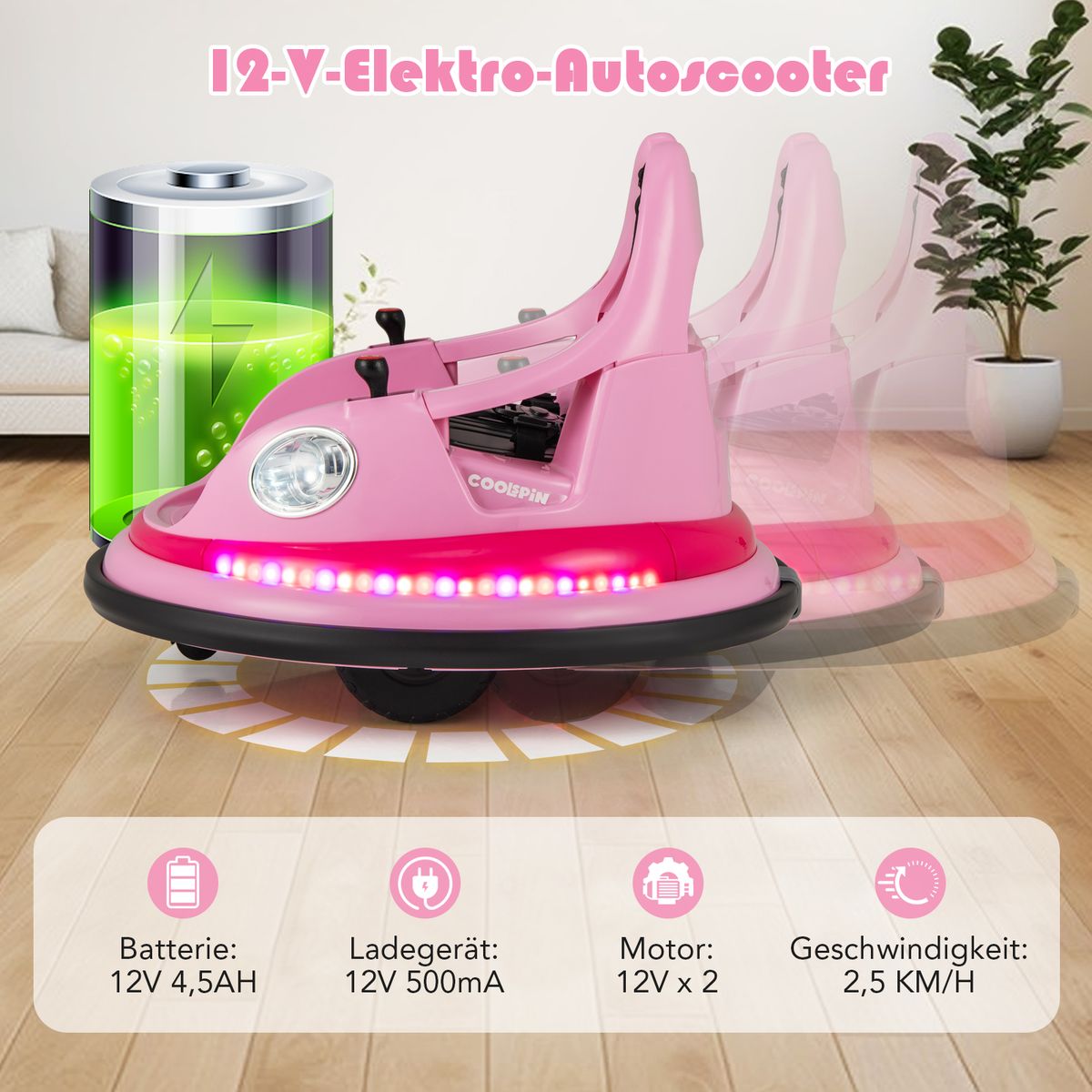 Coast Elektrische bumperauto voor kinderen - 12V met afstandsbediening en dubbele joysticks - roze