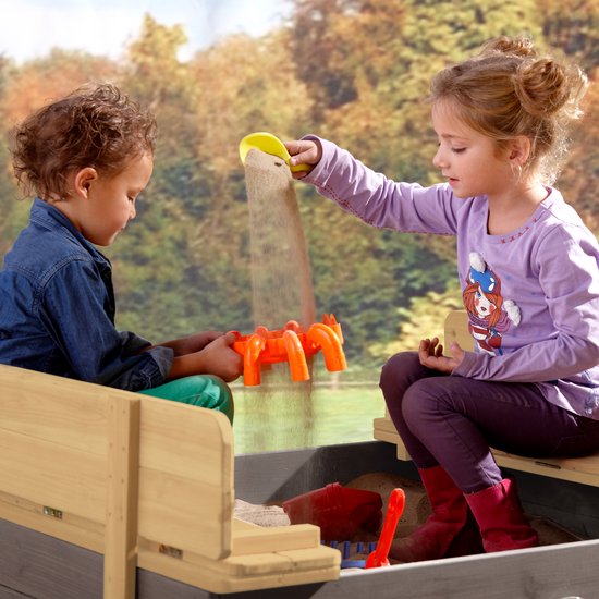 AXI Ella XL Houten Zandbak in Grijs/Bruin - Met Zitbankjes en Deksel - FSC hout - 120x120x20cm - Zandbak voor kinderen