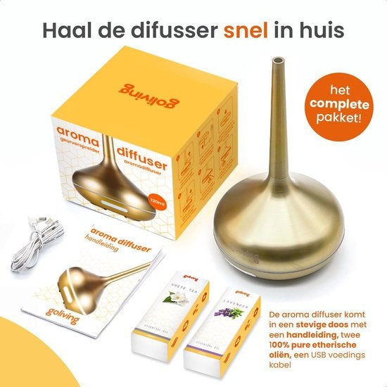 Goliving Aroma Diffuser - Luchtbevochtiger - Aromatherapie - Incl. 2x Etherische Olie - 10 LED kleuren - Geurverspreider - Goud