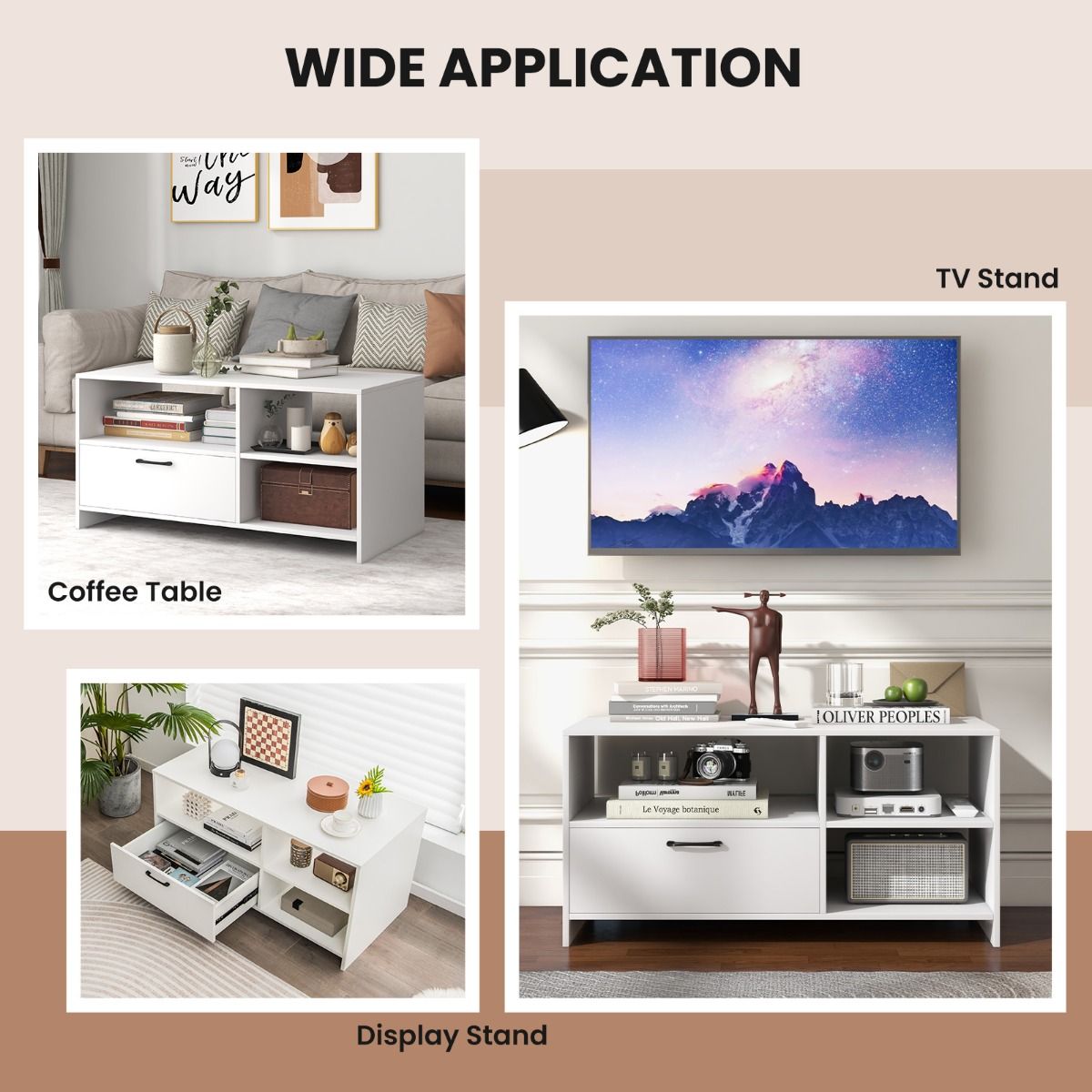 Coast TV-Kast Lowboard 104,5 x 51,5 x 52 cm Wit met Lade en Open Vakken voor Televisies tot 50 Inch