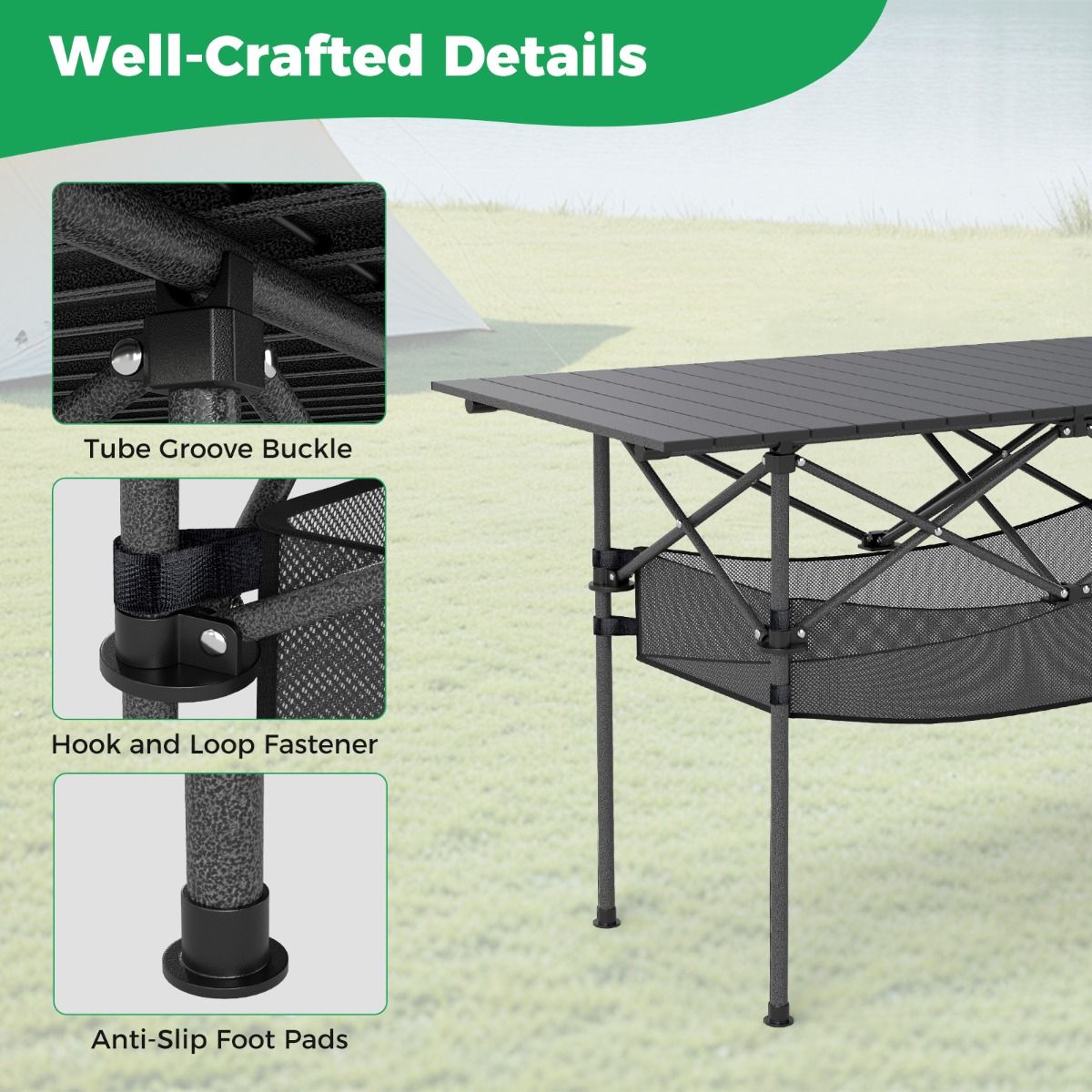 Coast Opvouwbare Campingtafel - Oprolbaar aluminium tafelblad - Met netmand - Zwart 119 x 56 cm
