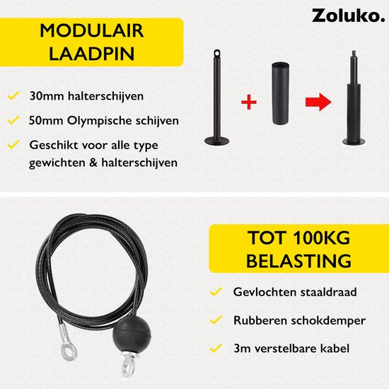 Zoluko Home Fitness Kabelsysteem 23-delige set - Incl. E-book - Krachtstation voor Thuis Sporten - Incl. Triceps Touw, Biceps Stang en Handgrepen - 100kg Draagkracht - Eenvoudige Bevestiging - Krachttraining - Lat Pulley - Home Gym - Zwart/Zilver