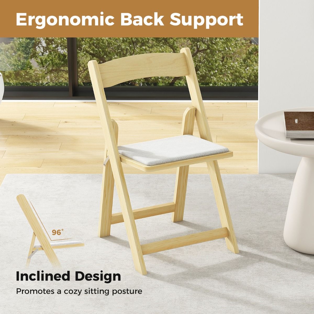 Coast Set van 2 Opvouwbare Eetkamerstoelen – 44x47x77 cm – Natuurkleur – Met Rubberhouten Poten en Gevoerde Zitting