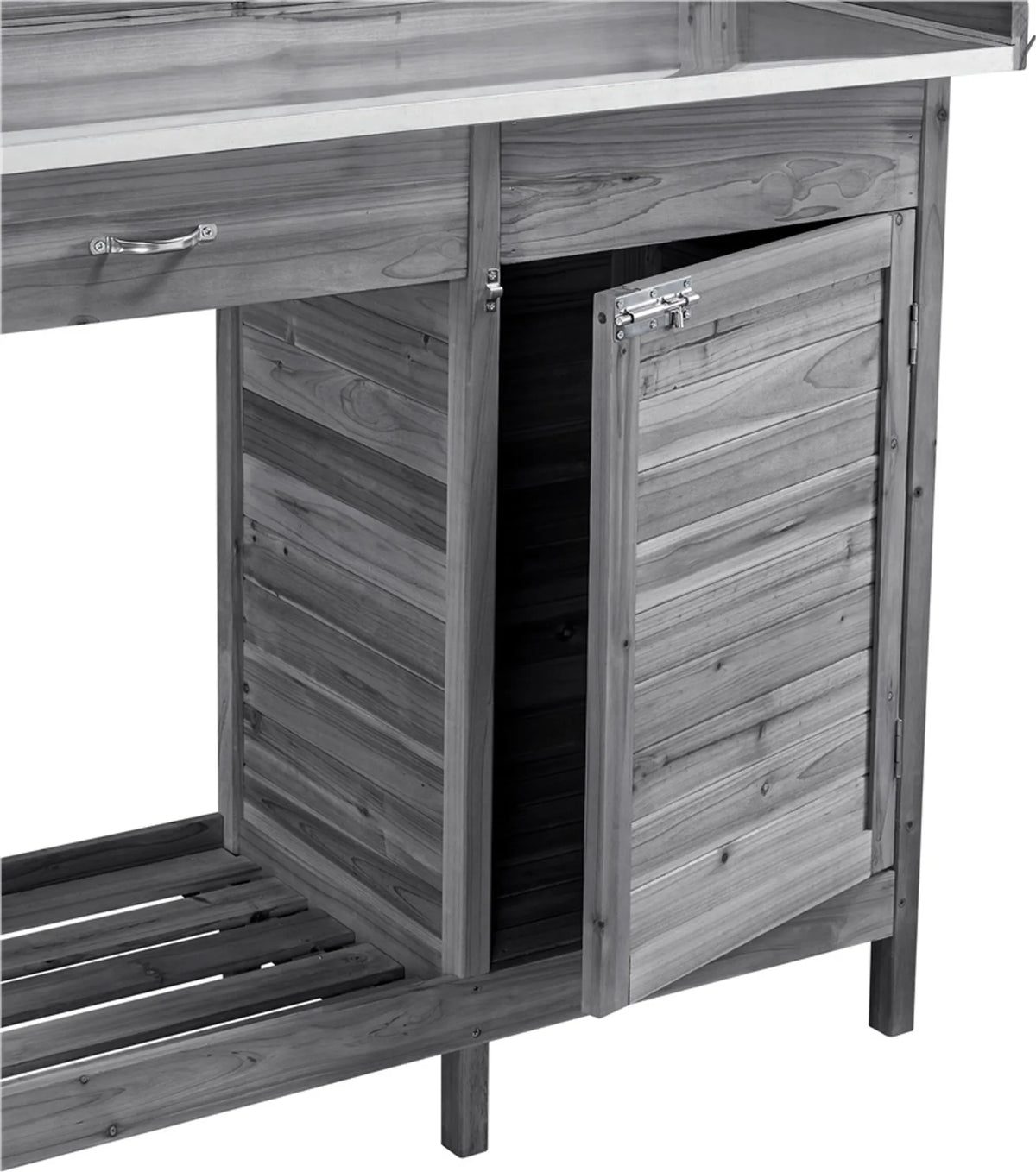 Yaheetech Oppottafel Tuintafel – 101 x 46,5 x 125 cm – Gegalvaniseerd Metalen Werkblad - 3 Zijhaken - Verwijderbare Zijpanelen – Grijs Vurenhout - Metaal
