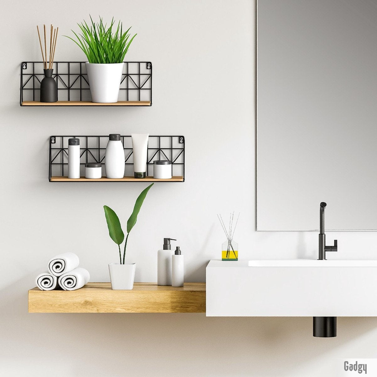 Gadgy Wandrekken Industrieel - Set van 2 - Wandrek Zwart met Hout - Wanddecoratie Woonkamer - Muurdecoratie Metaal - Wandplank zwevend voor Slaapkamer - Boekenrek – 45 cm