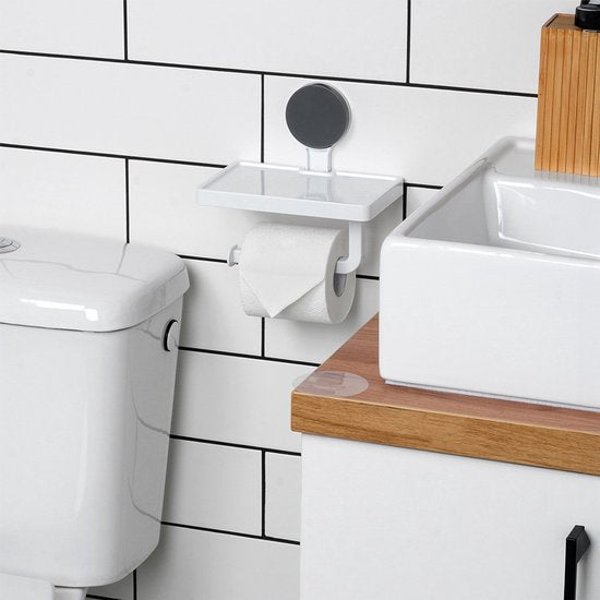 Bathroom Solutions - Toiletrolhouder met Plank - Witte Kunststof - Zuignapbevestiging - Klassiek Ontwerp