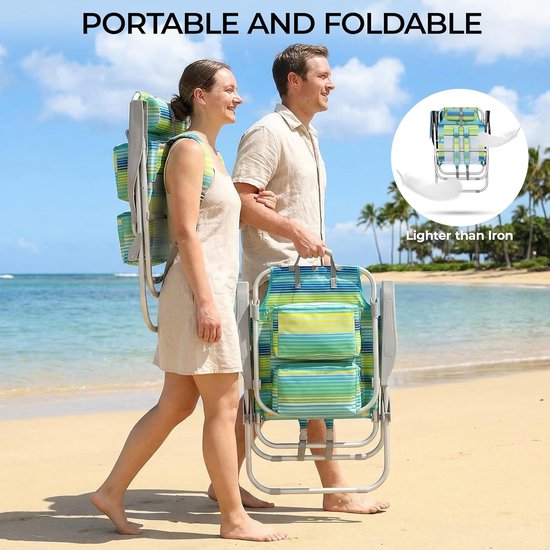 Luxe Strandstoel Set van 2 - Verstelbaar (5 Standen) - Inklapbaar met Rugzakbanden, Koeltas & Handdoekrek - Groen/Blauw Gestreept