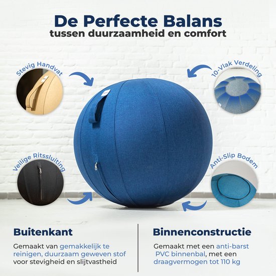 Backerz Zitbal 55 CM - Zitballen met Hoes Linnen - Ergonomische Bureaustoel Kantoor en Thuis - Luxe Yoga Bal - Donkerblauw