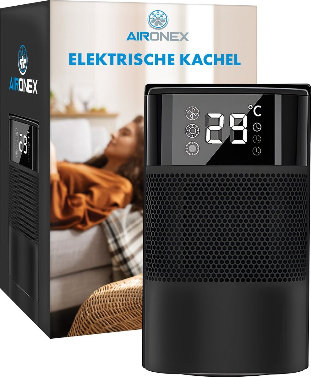 Aironex - Keramische Kachel - Model K1000 - 1200 W - Met Afstandsbediening & LCD-display - Omvalbeveiliging & Draaibaar - Kunststof - Zwart