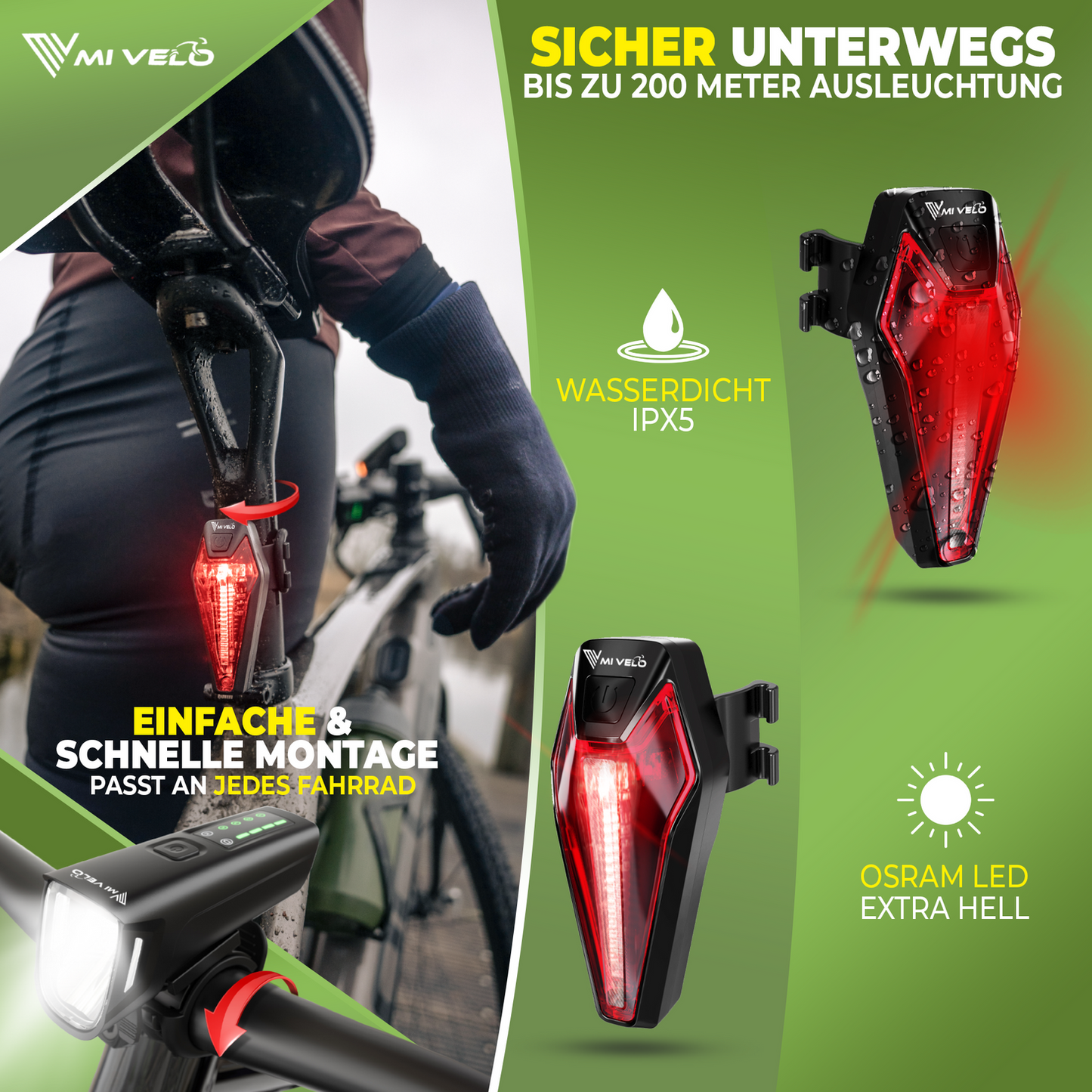 Mivelo Fietsverlichtingsset - Tot 11 uur accuduur - StVZO-goedgekeurd - USB-oplaadbaar - 100% waterdicht - LED voor- en achterlicht - Zwart