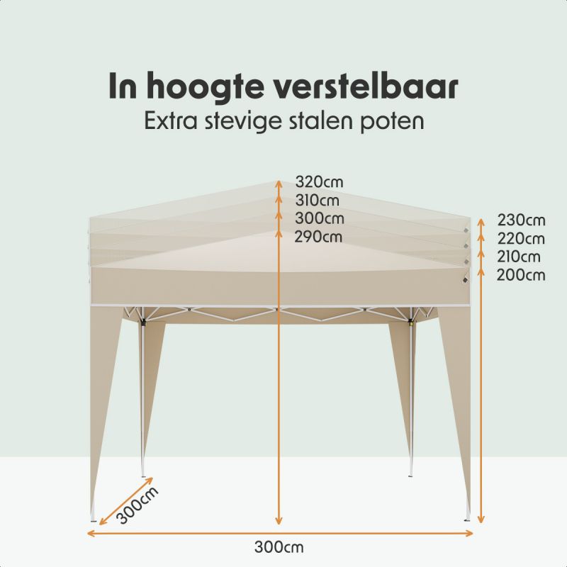 LifeGoods Partytent - Easy Up - Opvouwbaar - Waterdicht - Met Draagtas - 300 x 300 x 320 cm - Beige