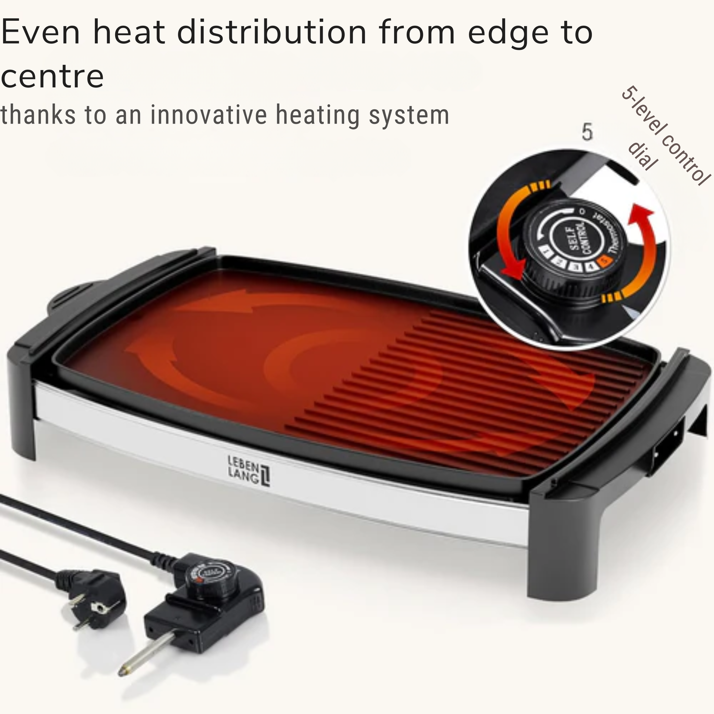 LEBENLANG Elektrische Grillplaat – 2000 Watt - 4 tot 8 personen - Ideaal voor Binnen & Buiten - 32.1 x 54.5 x 6.5 cm