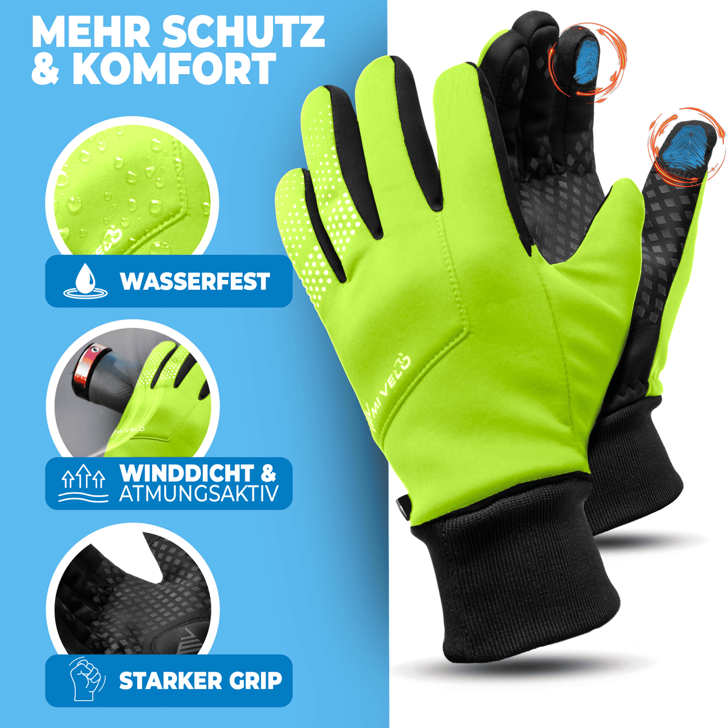 Fietshandschoenen – Overgangshandschoenen – Water- & Winddicht – Touchscreen – Extra Grip – Unisex – Geel – Maat XXL