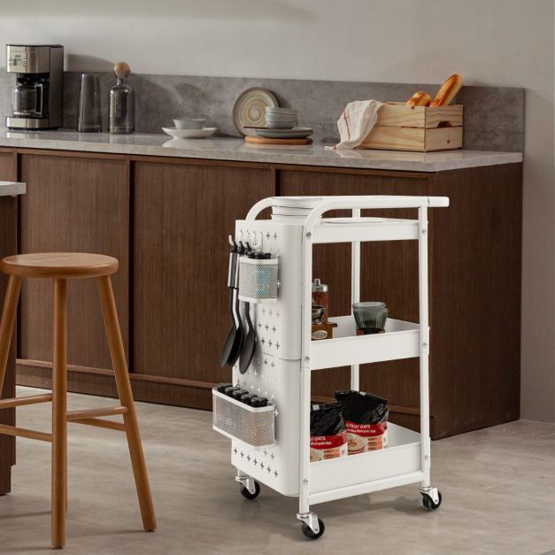 Coast 3 verdiepingen tellende trolley metalen wagen met 2 platen en 2 manden en 4 haken wit