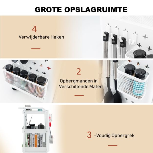 Coast 3 verdiepingen tellende trolley metalen wagen met 2 platen en 2 manden en 4 haken wit