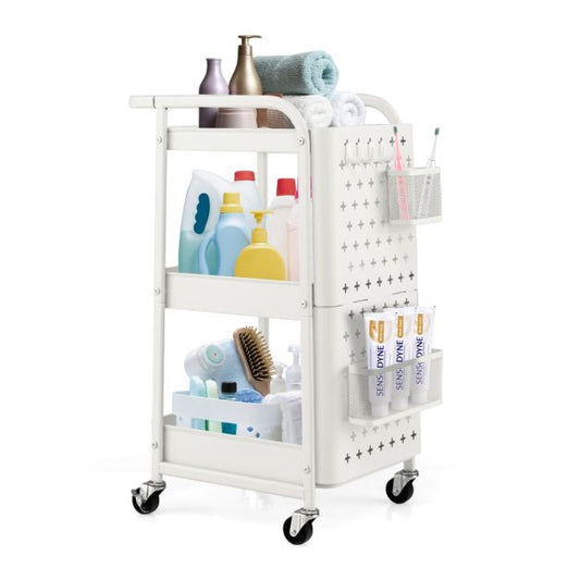 Coast 3 verdiepingen tellende trolley metalen wagen met 2 platen en 2 manden en 4 haken wit