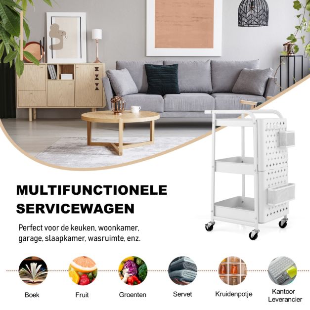 Coast 3 verdiepingen tellende trolley metalen wagen met 2 platen en 2 manden en 4 haken wit