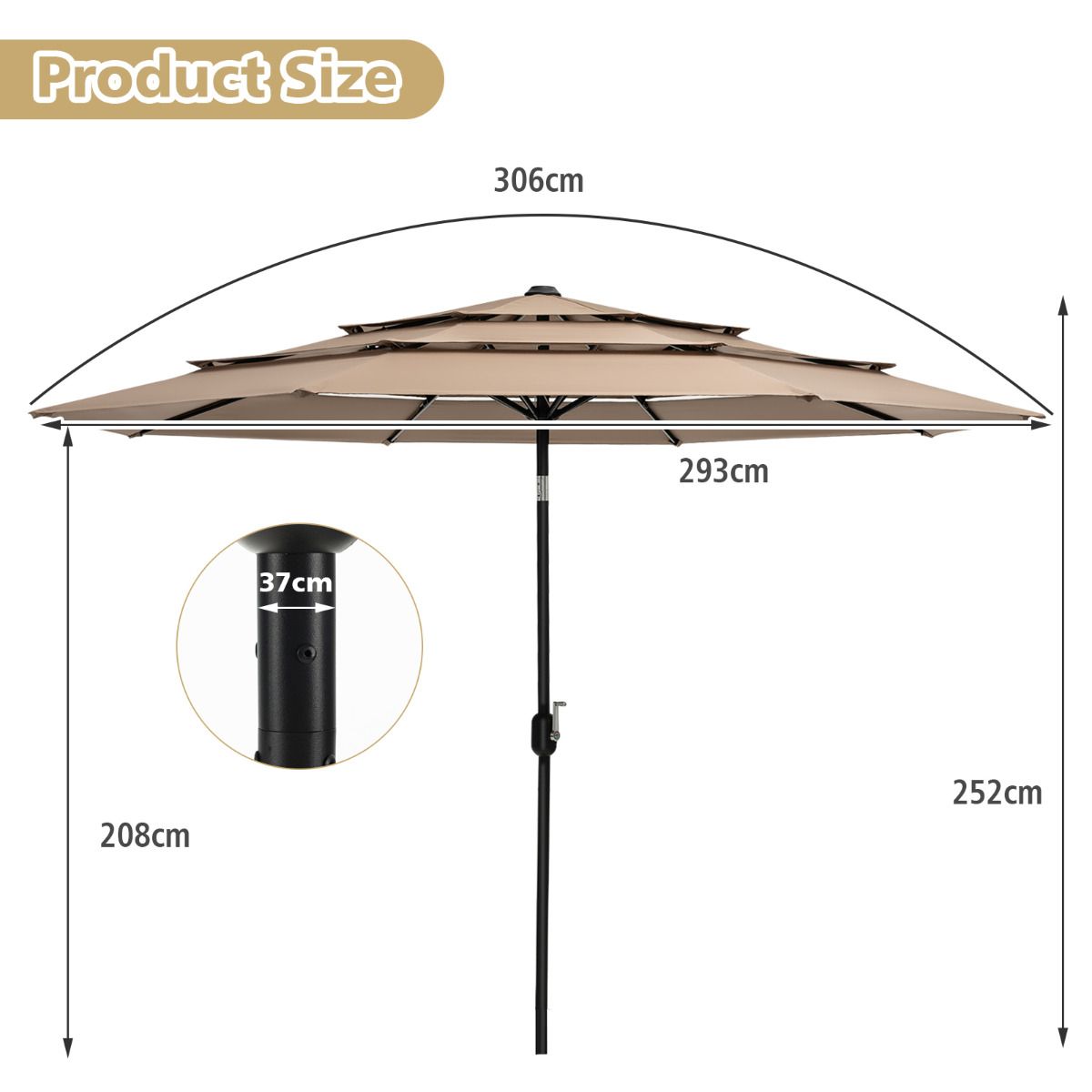 Coast Tuinparasol - 300cm - Bruin - 45 Graden Kantelbaar