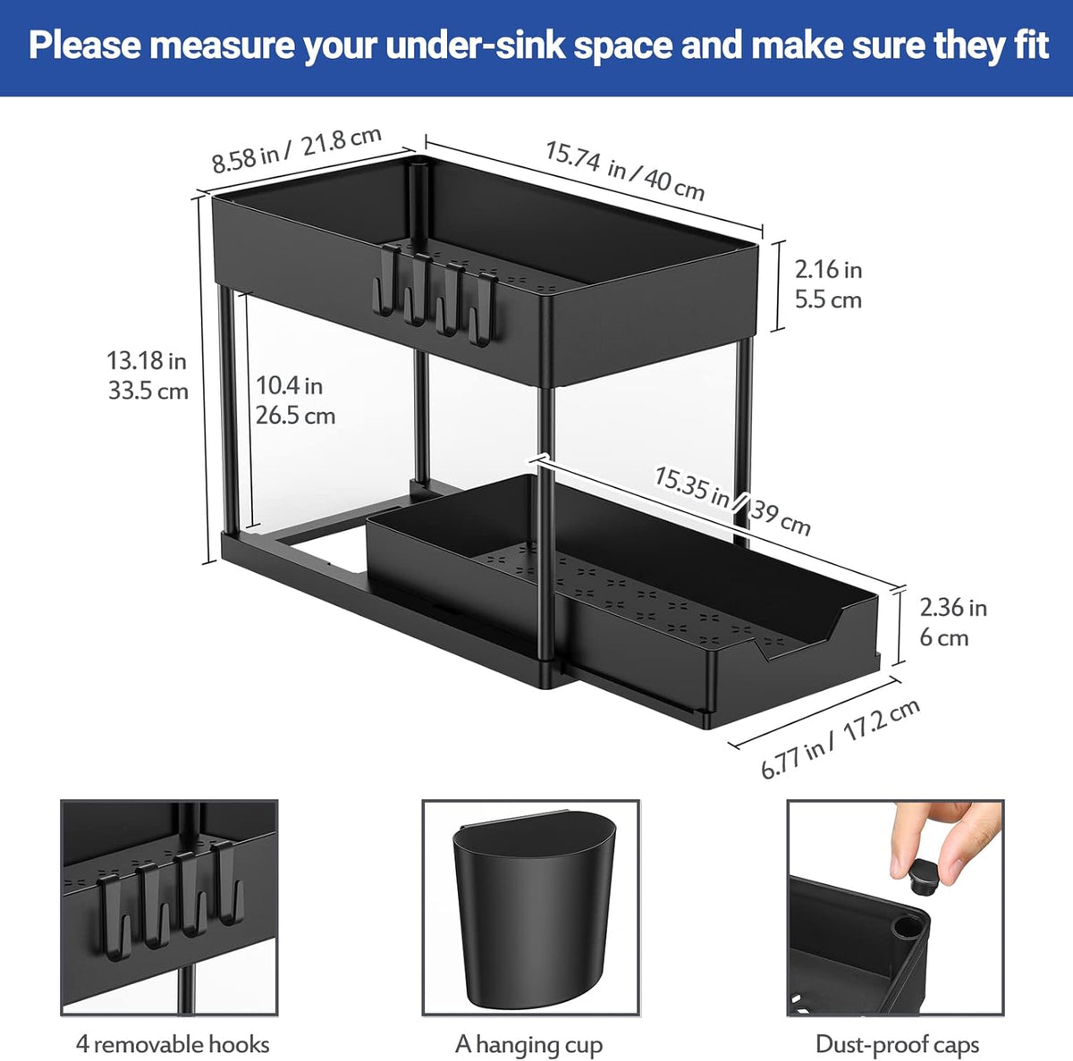 Gootsteenkast organizer met uitschuiflade - 2 niveaus - 39,5 x 21,5 x 35,5 cm - Zwart