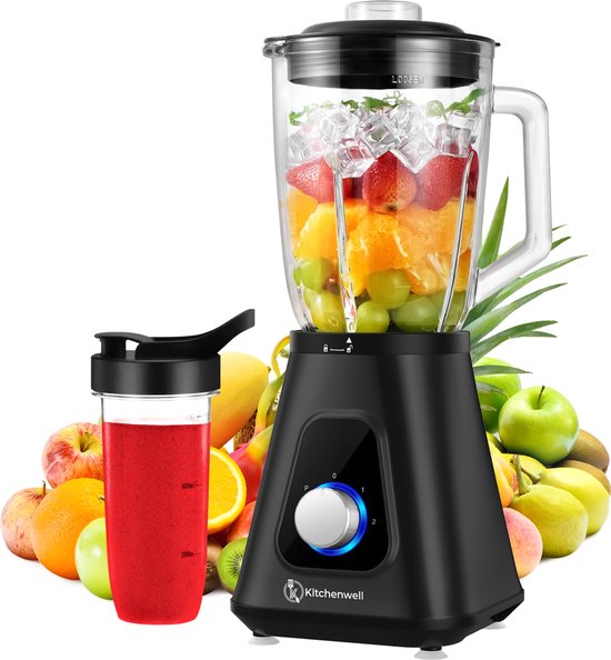 Kitchenwell Blender - Krachtige 1300 Watt Smoothieblender - 1.75 Liter - Glazen Kan - 3 Standen - Inclusief Sportbeker - RVS/Zwart