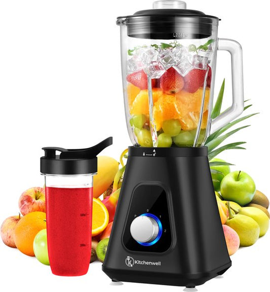 Kitchenwell Blender - Krachtige 1300 Watt Smoothieblender - 1.75 Liter - Glazen Kan - 3 Standen - Inclusief Sportbeker - RVS/Zwart