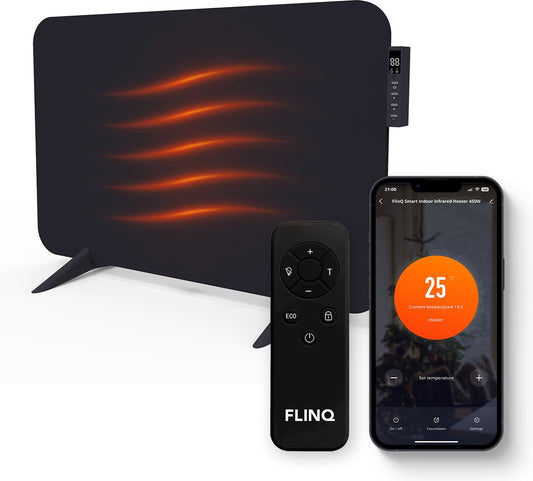 FlinQ Smart Verwarmingspaneel - Infrarood - Stil En Veilig - 450W - 12 m² - 72,5 x 2,8 x 47,5 cm - Zwart