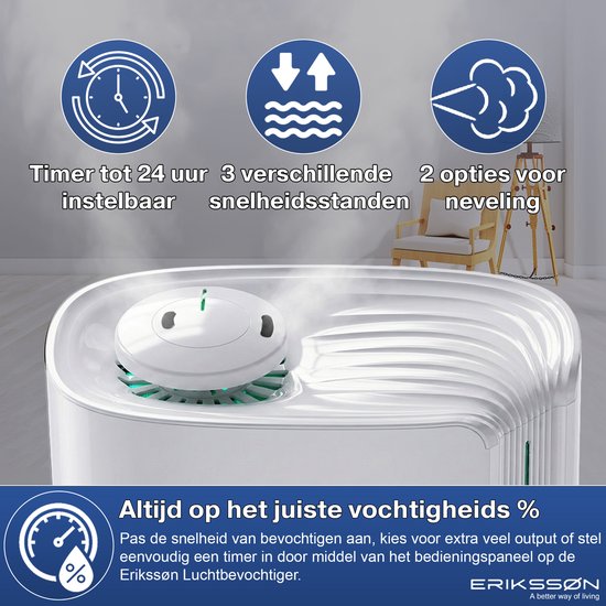 Erikssøn Luchtbevochtiger Hydra Comfort - 6 Liter - Geschikt voor Woonkamer, Kantoor, Slaapkamer, Babykamer - Met Aromatherapie - Wit