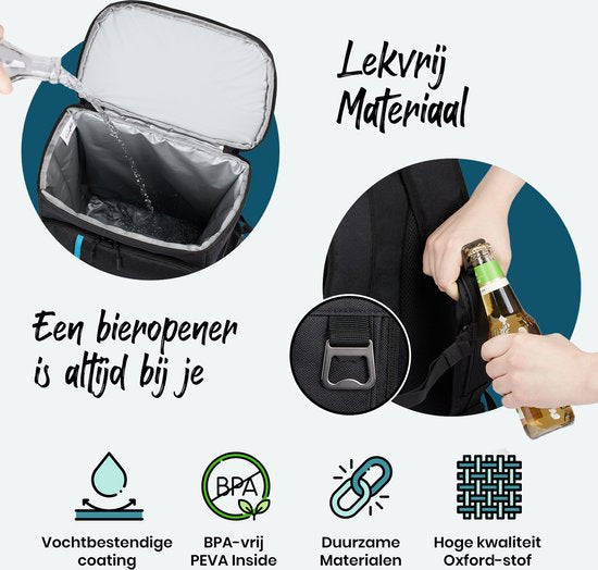 Sunflake Koelrugzak Groot 30 Liter - Koeltas Rugzak met Flessenopener – XXL Koel Backpack voor Heren & Dames - Koelrugtas - Zwart