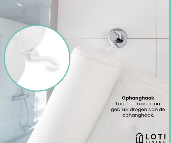 Loti Living Badkussen voor in bad – Badkussen – Nekkussen bad – Hoofdsteun bad – Badkussen met zuignappen – 6 Zuignappen – Ergonomisch nekkussen – Antislip - Wit