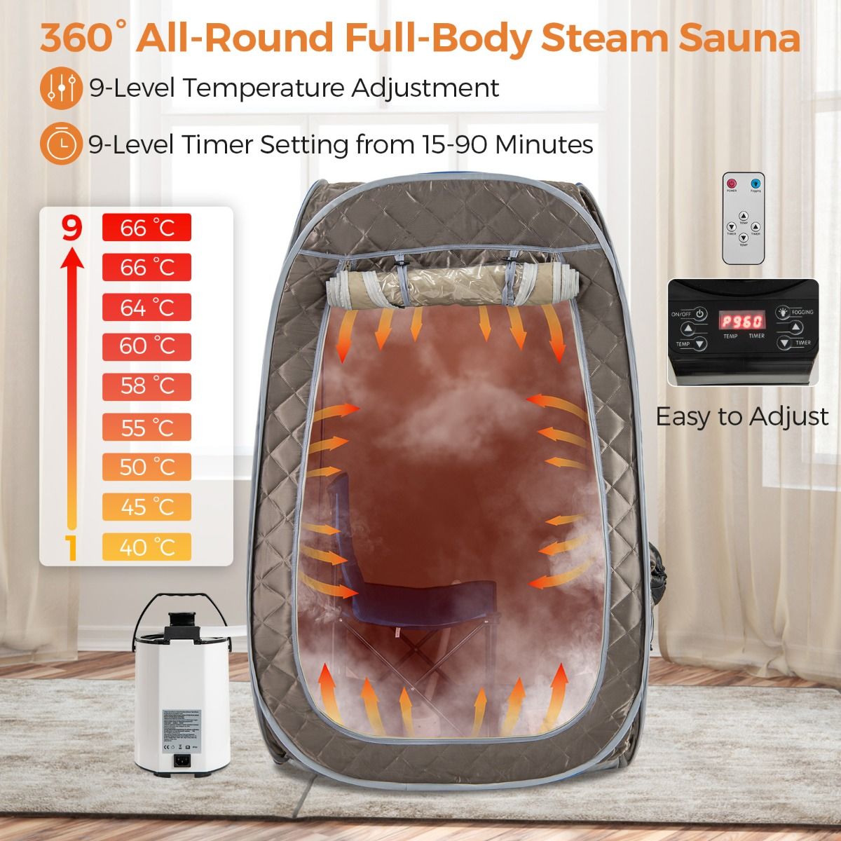 Coast Draagbare Stoomsauna - Thuis sauna voor 1-2 personen - 3 liter stoomgenerator - Grijs 89 x 89 x 149 cm