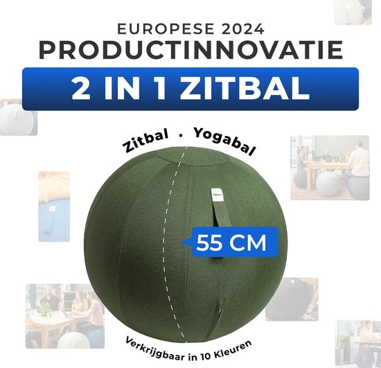 Backerz Zitbal 55 CM - Zitballen met Hoes Linnen - Ergonomische Bureaustoel Kantoor en Thuis - Luxe Yoga Bal - Olijf Groen